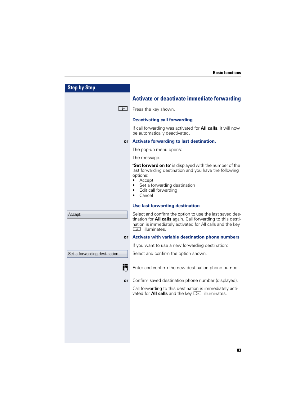 Activate or deactivate immediate forwarding | Siemens HIPATH 8000 User Manual | Page 83 / 297