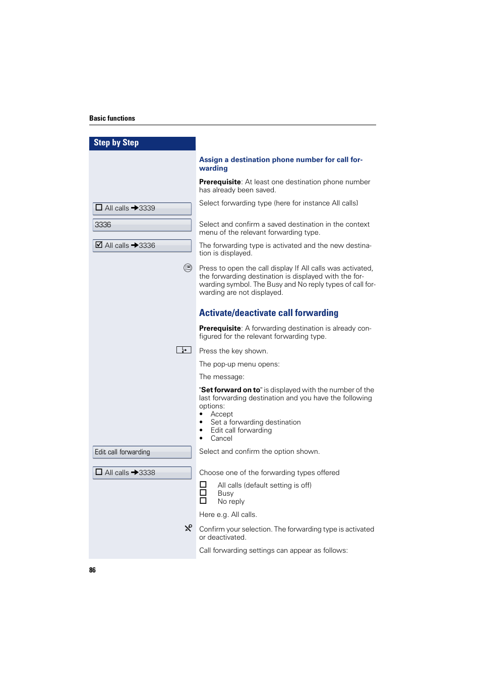 Activate/deactivate call forwarding | Siemens HIPATH 8000 User Manual | Page 86 / 297