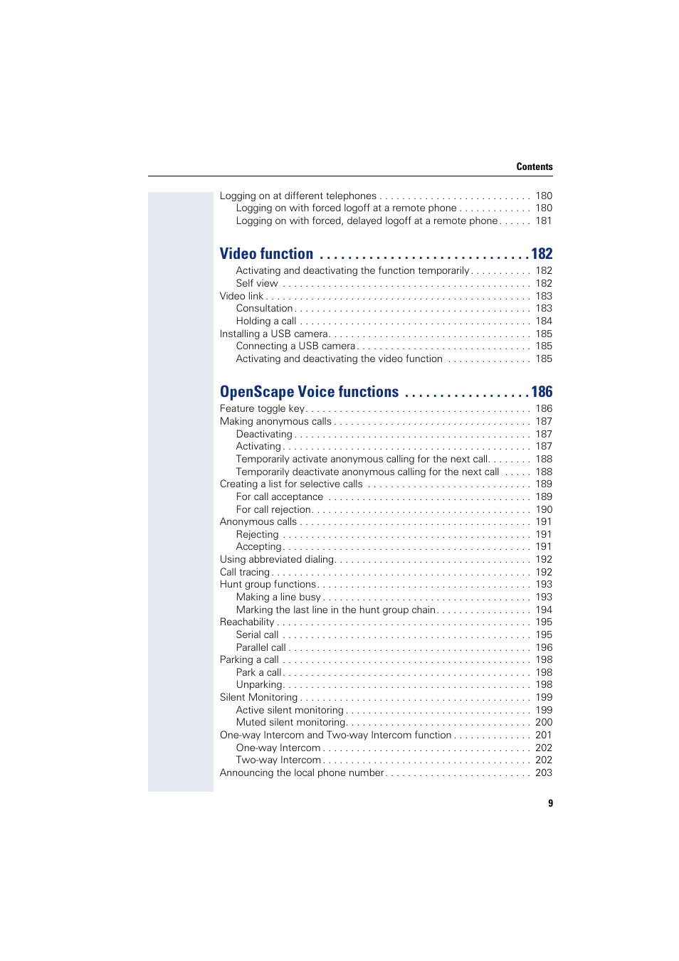 Video function, Openscape voice functions | Siemens HIPATH 8000 User Manual | Page 9 / 297