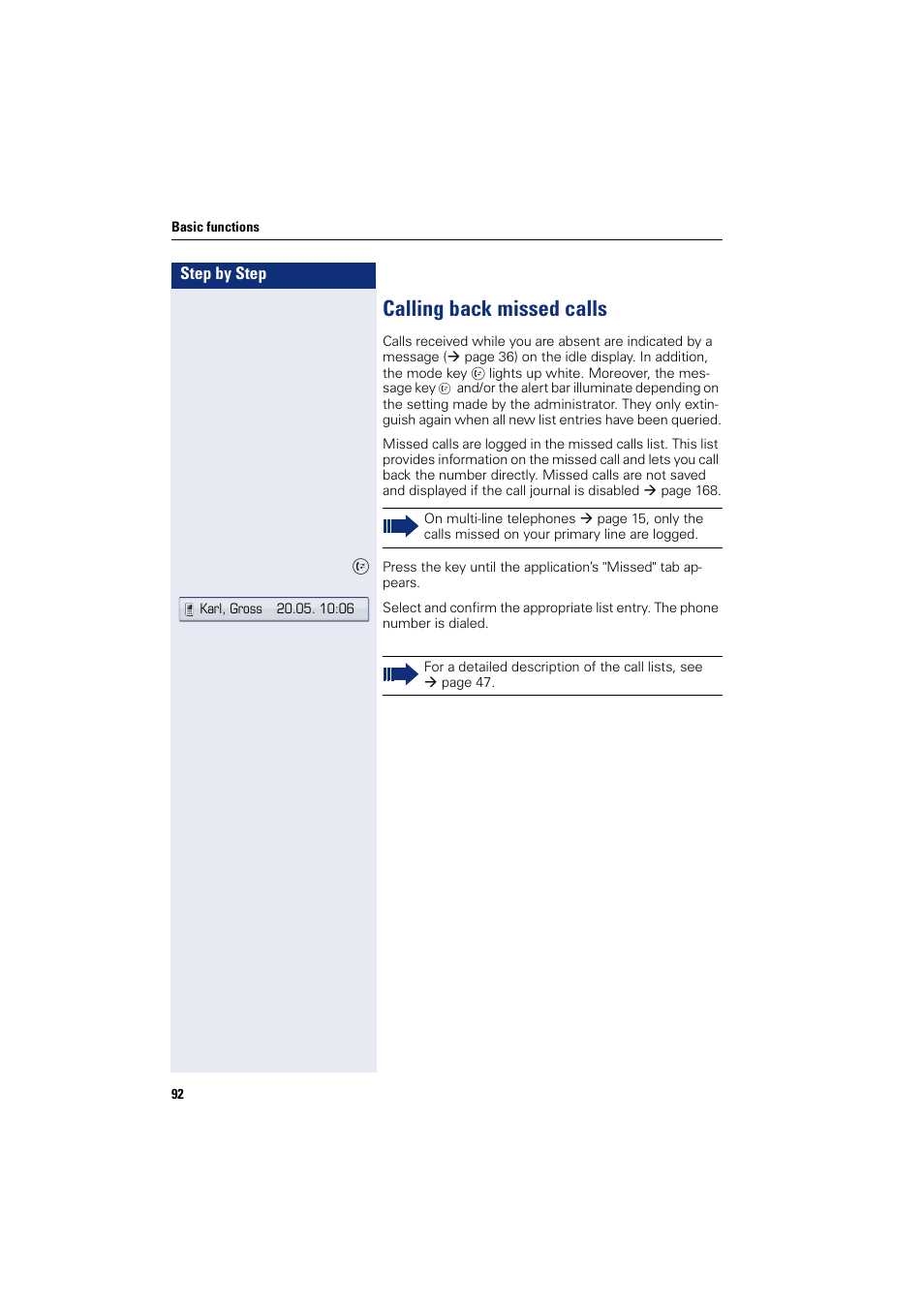 Calling back missed calls | Siemens HIPATH 8000 User Manual | Page 92 / 297