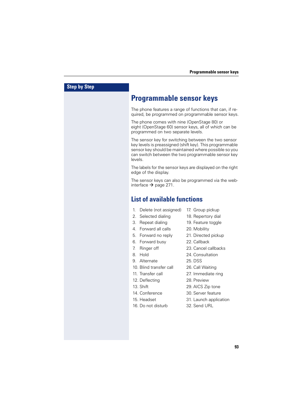 Programmable sensor keys, List of available functions | Siemens HIPATH 8000 User Manual | Page 93 / 297