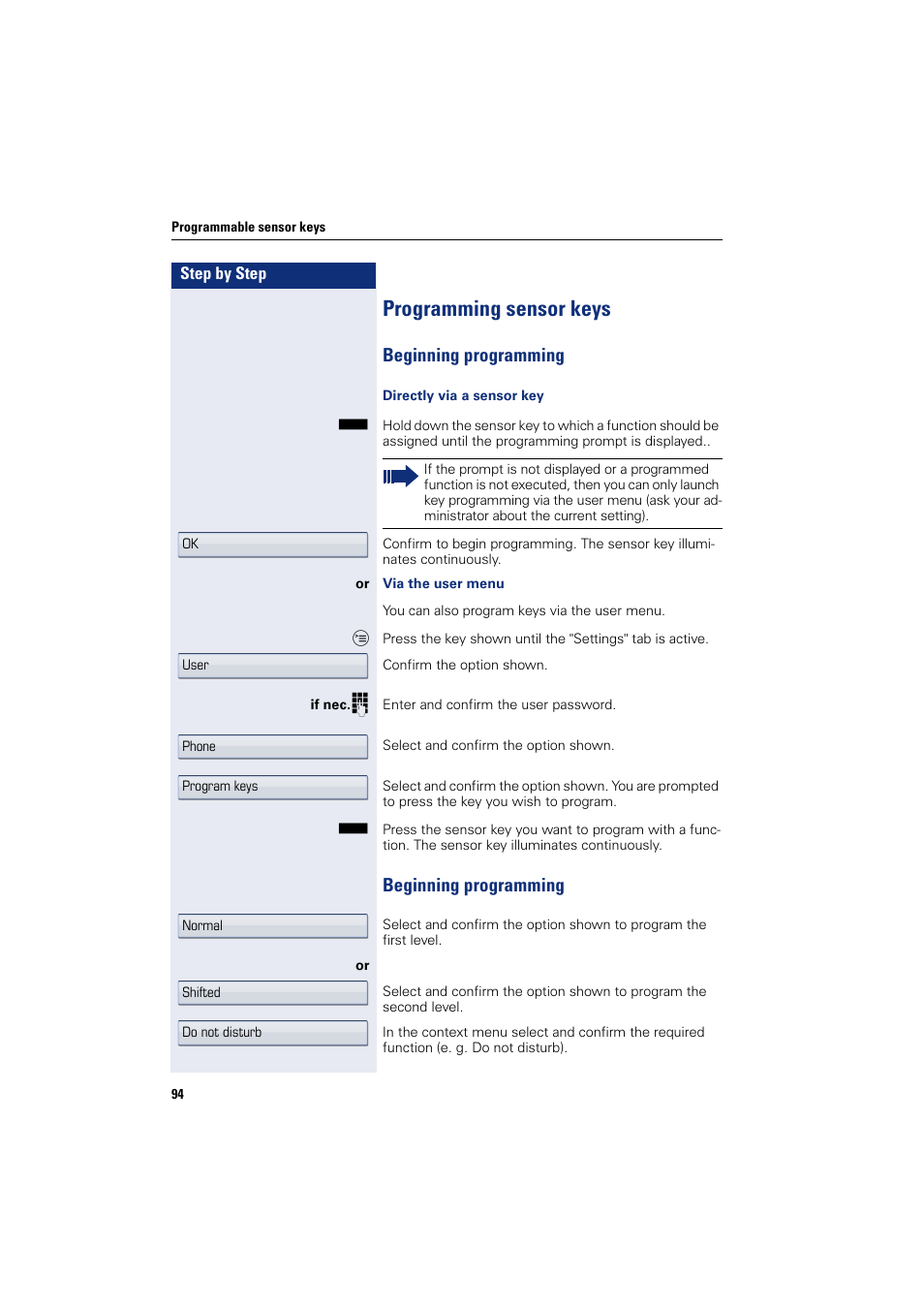 Programming sensor keys, Beginning programming, Beginning programming beginning programming | Siemens HIPATH 8000 User Manual | Page 94 / 297