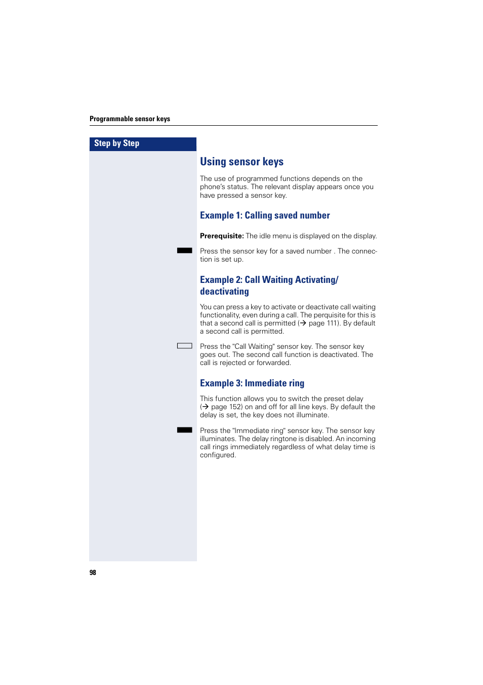 Using sensor keys, Example 1: calling saved number, Example 3: immediate ring | Number | Siemens HIPATH 8000 User Manual | Page 98 / 297