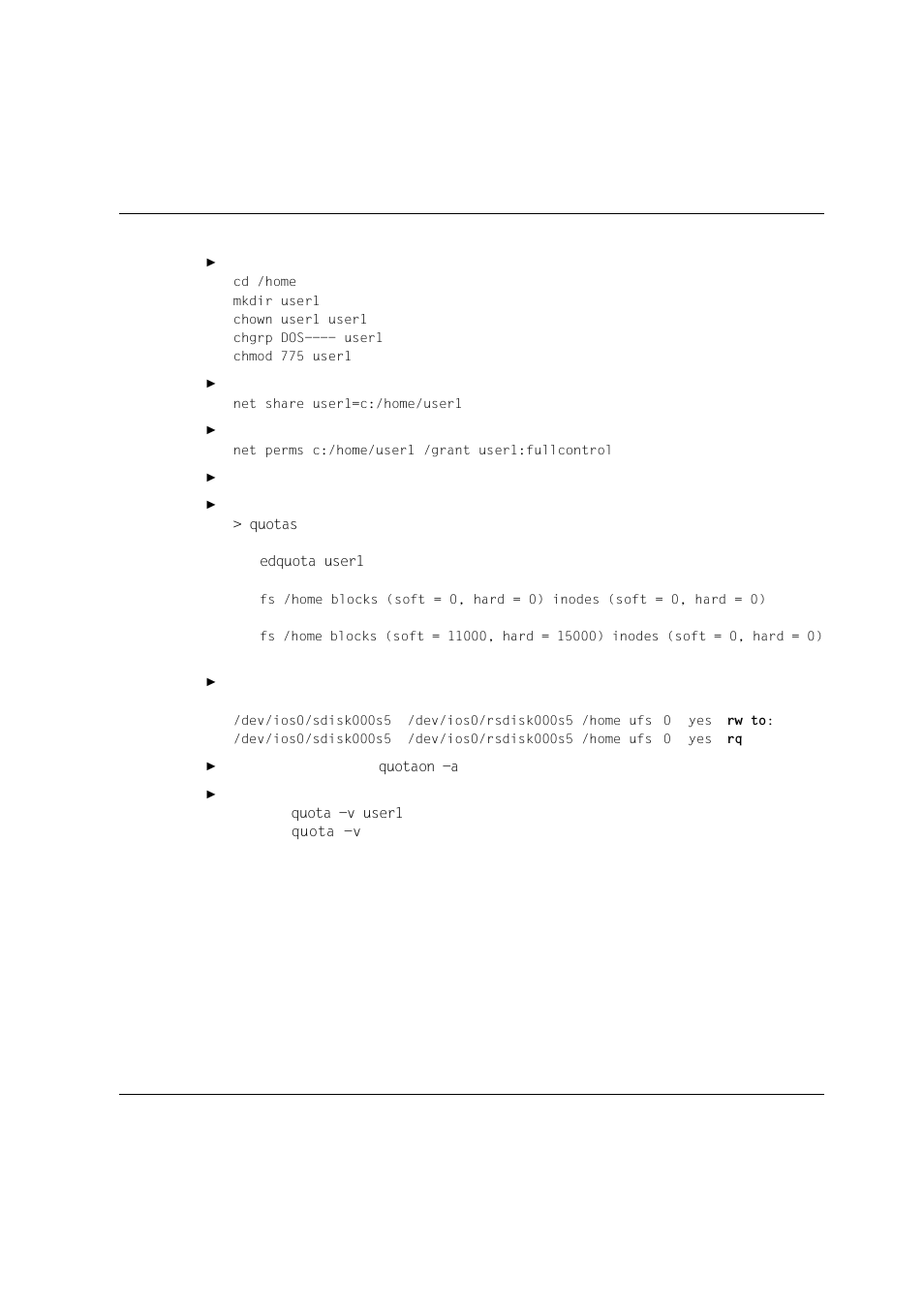 Êcreate a directory for this user, Êshare the directory, Êassign rights for the user “user1 | Enter the limits, for example | Siemens Unix V4.0 User Manual | Page 124 / 365