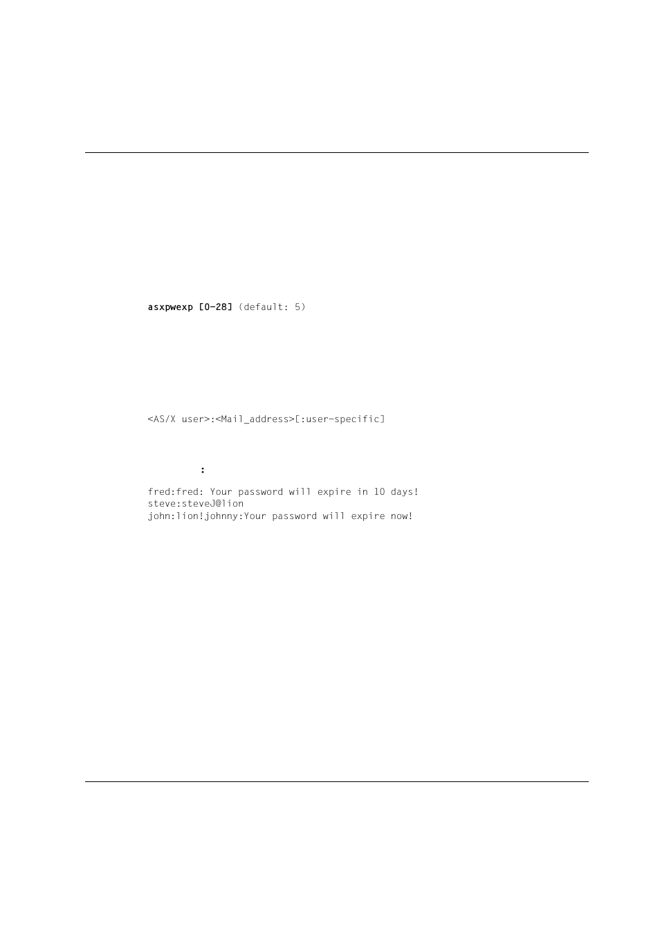 7 checking the password expiry with the asxpwe, 4 compression of the acl database, Asxpwexp [0-28] (default: 5) | As/x user>:<mail_address>[:user-specific | Siemens Unix V4.0 User Manual | Page 159 / 365
