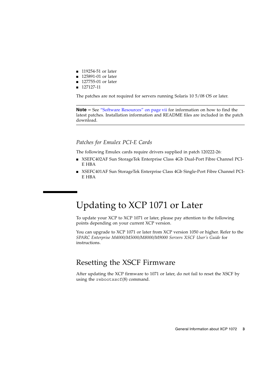 Updating to xcp 1071 or later, Resetting the xscf firmware, Updating to xcp | Patches for emulex pci-e cards | Siemens SPARC ENTERPRISE M8000 User Manual | Page 11 / 50