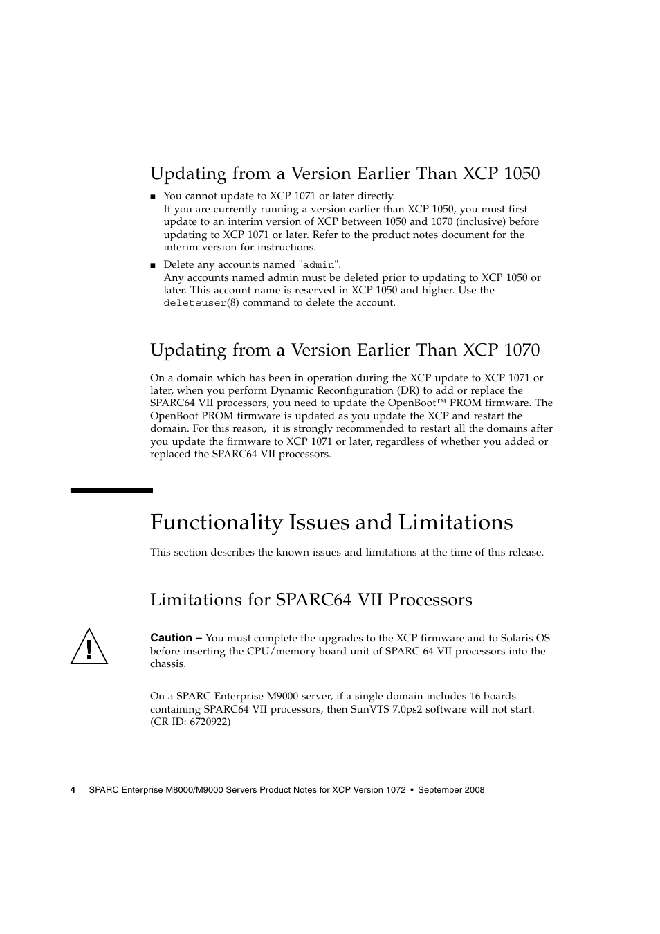 Updating from a version earlier than xcp 1050, Updating from a version earlier than xcp 1070, Functionality issues and limitations | Limitations for sparc64 vii processors | Siemens SPARC ENTERPRISE M8000 User Manual | Page 12 / 50