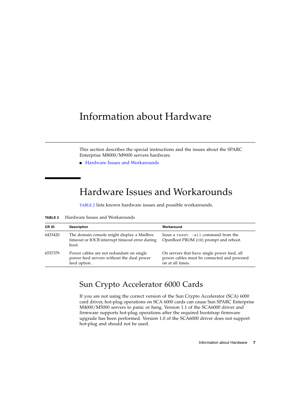 Information about hardware, Hardware issues and workarounds, Sun crypto accelerator 6000 cards | Siemens SPARC ENTERPRISE M8000 User Manual | Page 15 / 50