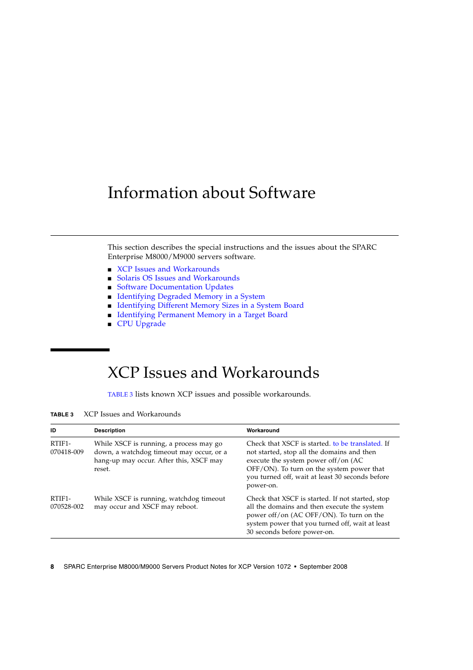 Information about software, Xcp issues and workarounds | Siemens SPARC ENTERPRISE M8000 User Manual | Page 16 / 50