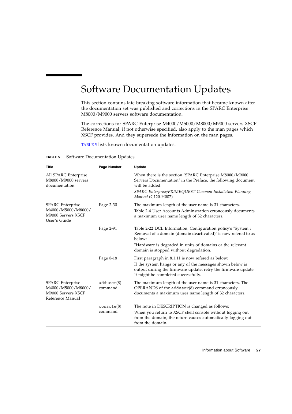 Software documentation updates | Siemens SPARC ENTERPRISE M8000 User Manual | Page 35 / 50