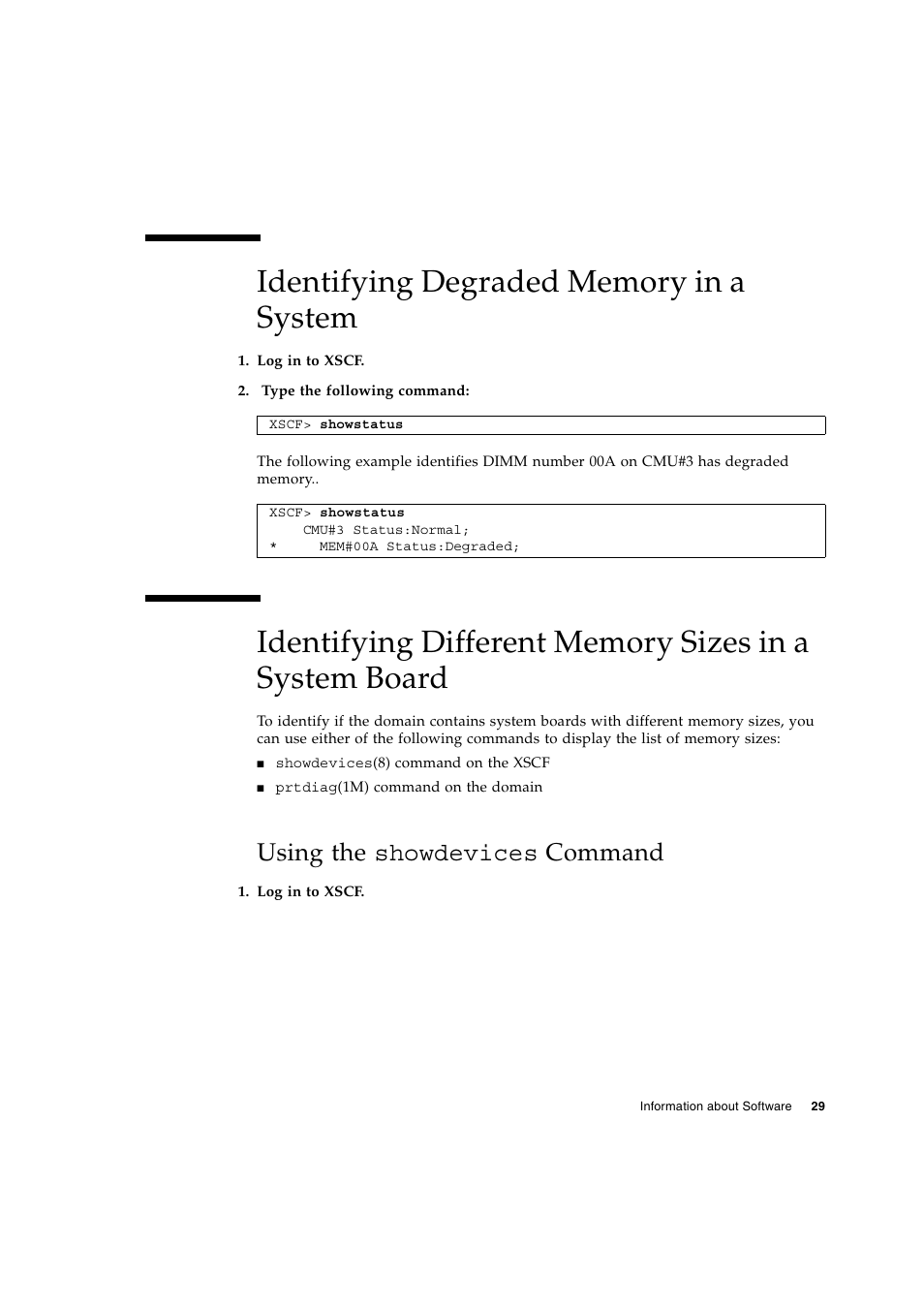 Identifying degraded memory in a system, Using the showdevices command, Using the | Identifying degraded memory in a, Identifying different | Siemens SPARC ENTERPRISE M8000 User Manual | Page 37 / 50