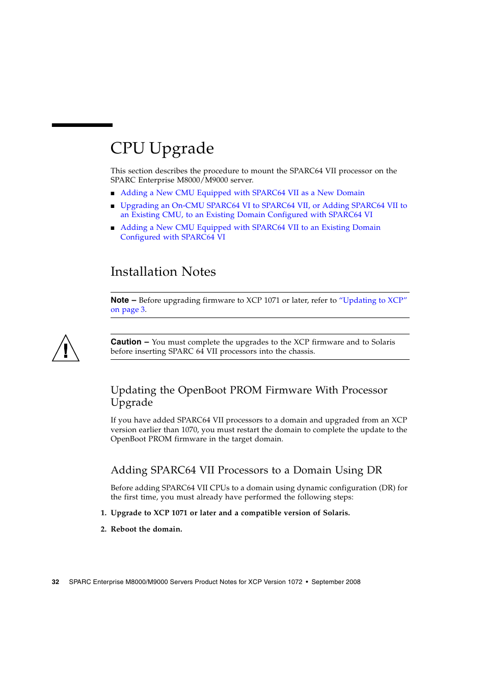 Cpu upgrade, Installation notes, Adding sparc64 vii processors to a domain using dr | Siemens SPARC ENTERPRISE M8000 User Manual | Page 40 / 50