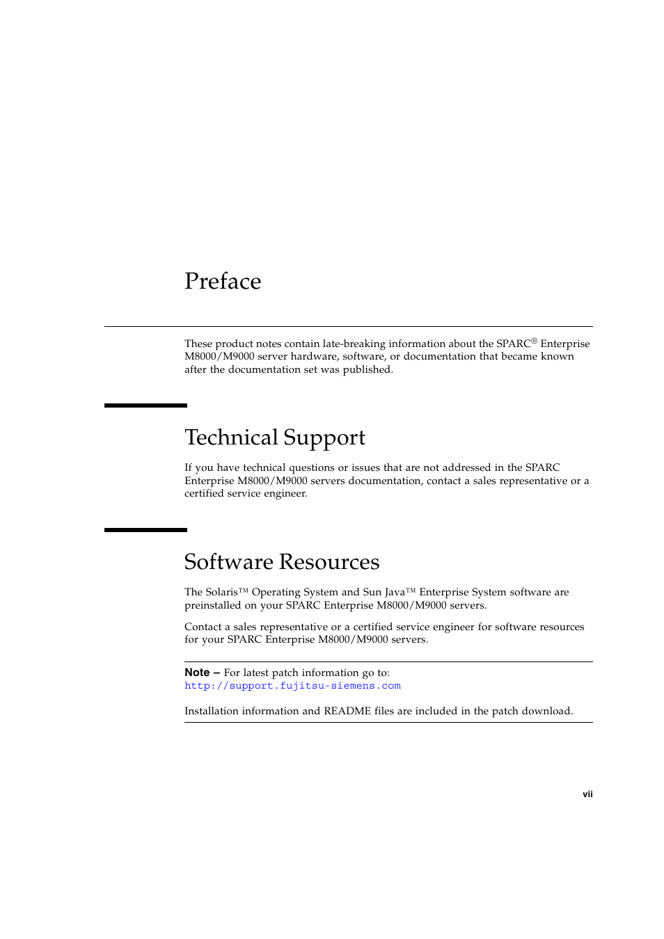 Preface, Technical support, Software resources | Siemens SPARC ENTERPRISE M8000 User Manual | Page 7 / 50