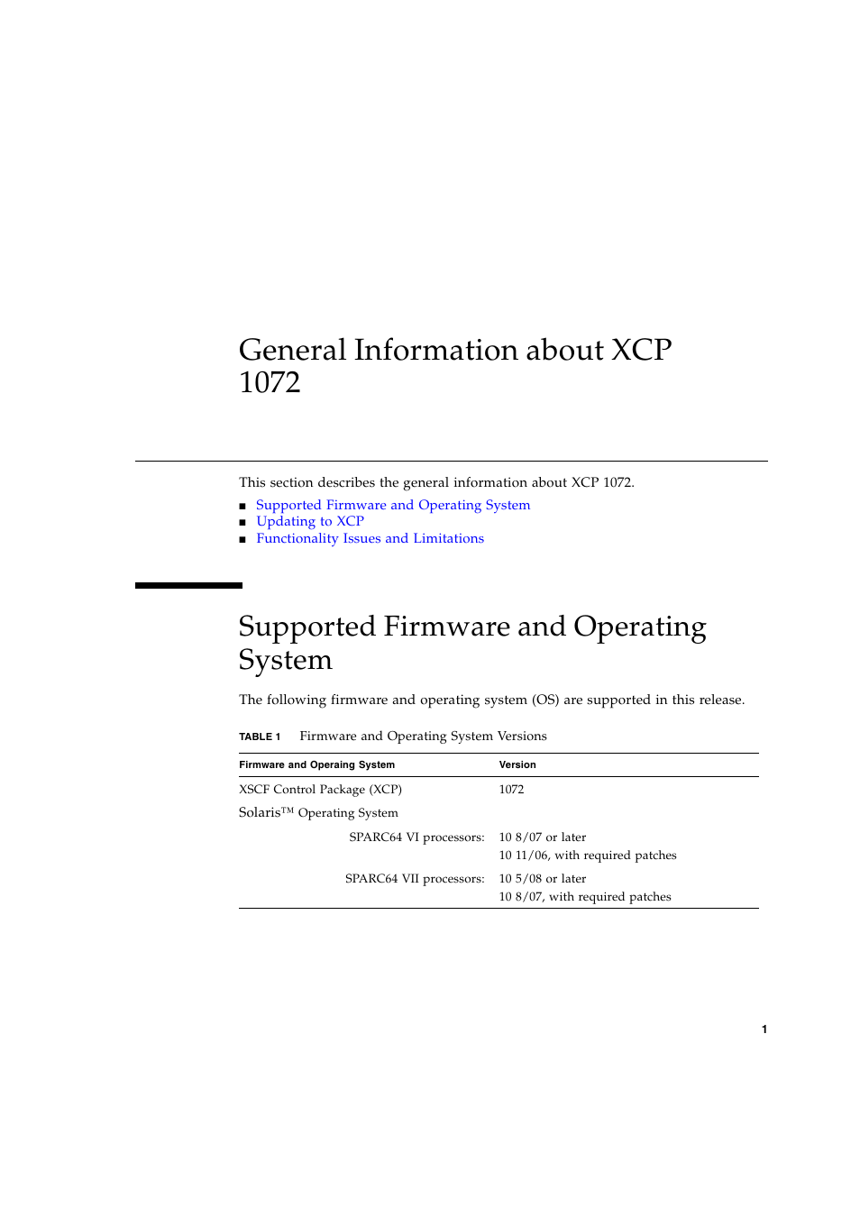 General information about xcp 1072, Supported firmware and operating system, General information about xcp | Siemens SPARC ENTERPRISE M8000 User Manual | Page 9 / 50