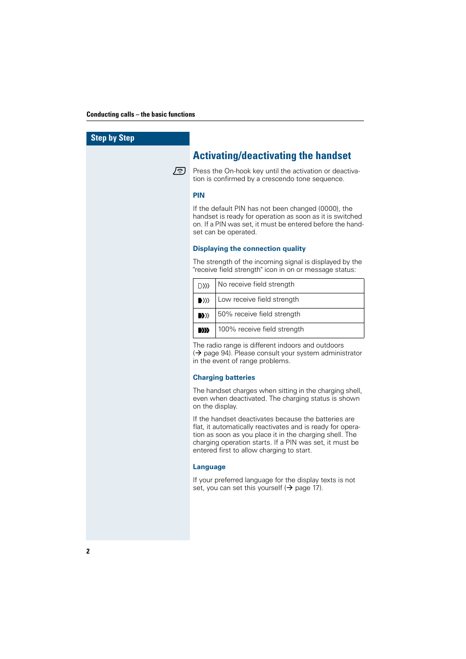 Activating/deactivating the handset, Displaying the connection quality, Charging batteries | Language | Siemens HiPath 4000 User Manual | Page 10 / 109