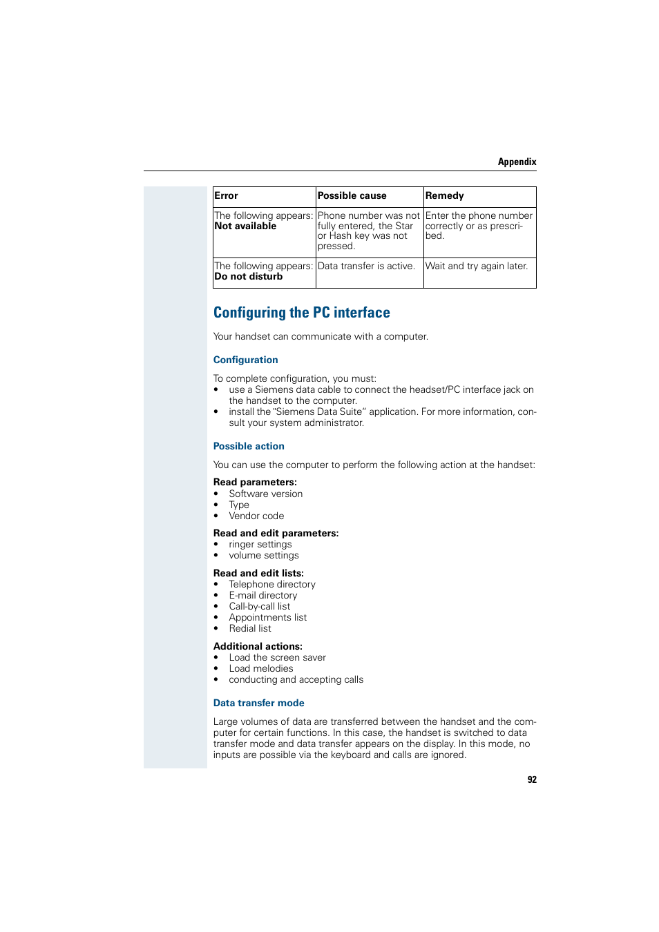 Configuring the pc interface, Configuration, Possible action | Data transfer mode | Siemens HiPath 4000 User Manual | Page 100 / 109