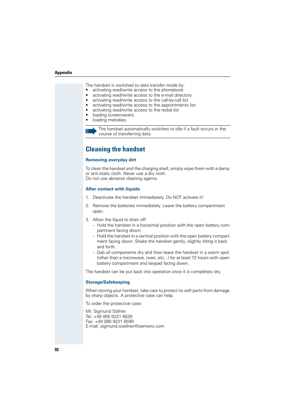 Cleaning the handset, Removing everyday dirt, After contact with liquids | Storage/safekeeping | Siemens HiPath 4000 User Manual | Page 101 / 109