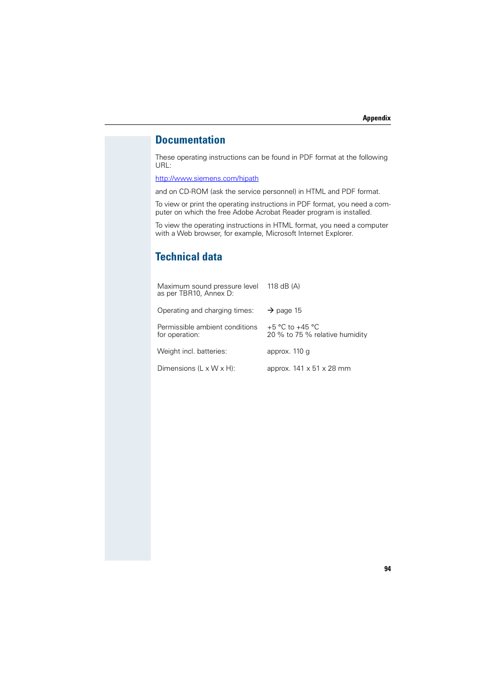 Documentation, Technical data, Documentation technical data | Siemens HiPath 4000 User Manual | Page 102 / 109