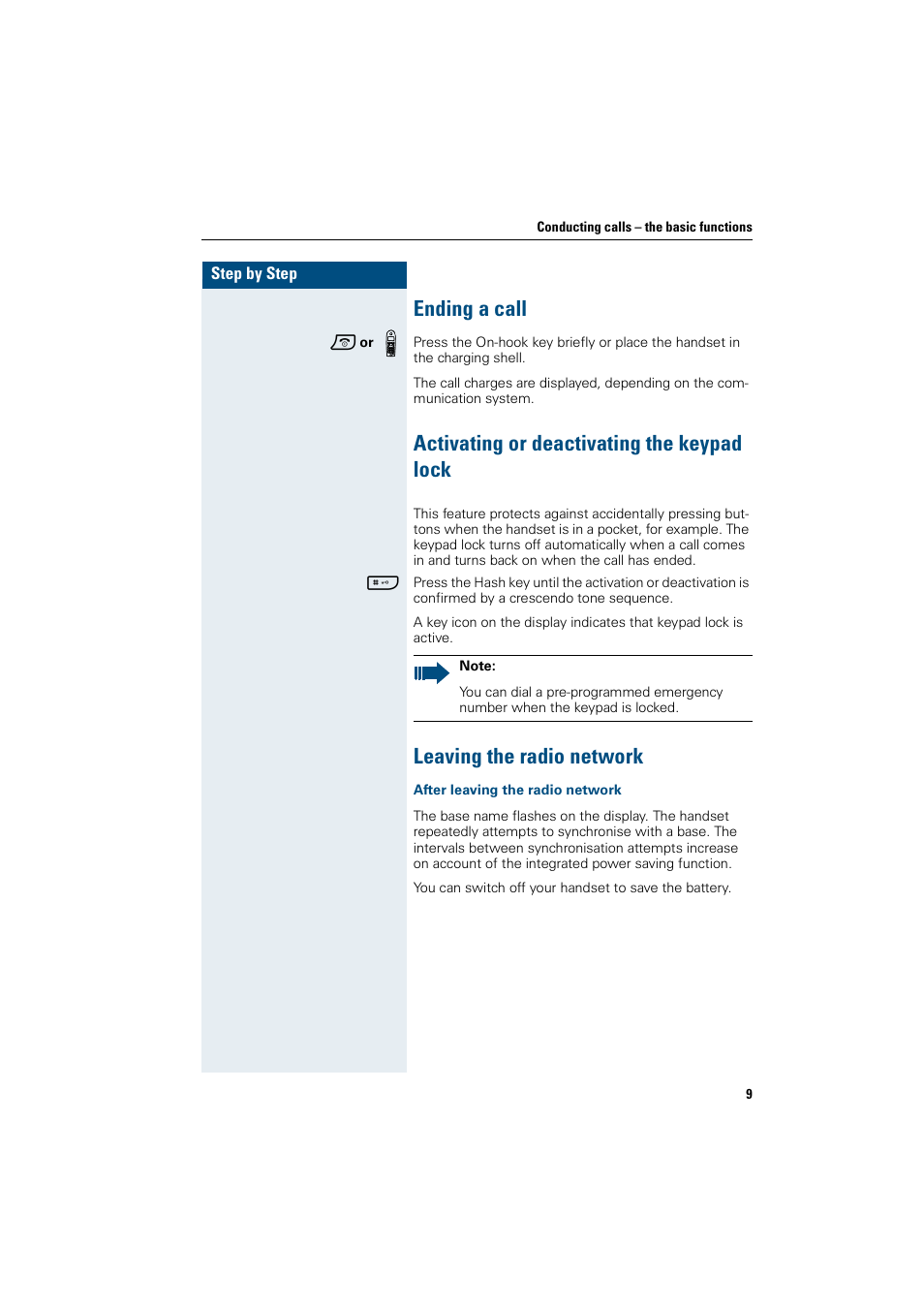 Ending a call, Activating or deactivating the keypad lock, Leaving the radio network | After leaving the radio network | Siemens HiPath 4000 User Manual | Page 17 / 109