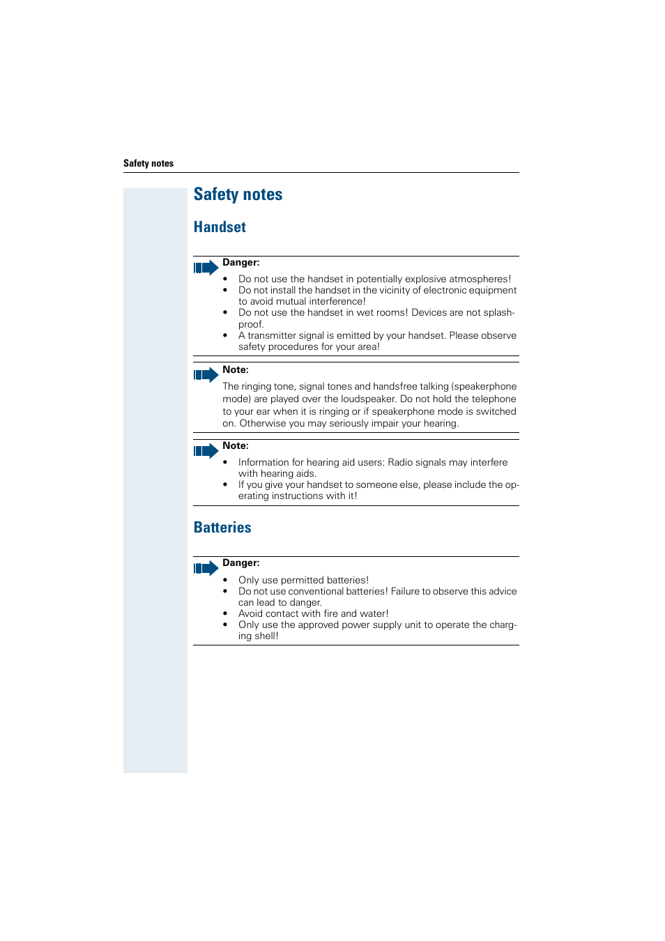 Safety notes, Handset, Batteries | Handset batteries | Siemens HiPath 4000 User Manual | Page 2 / 109