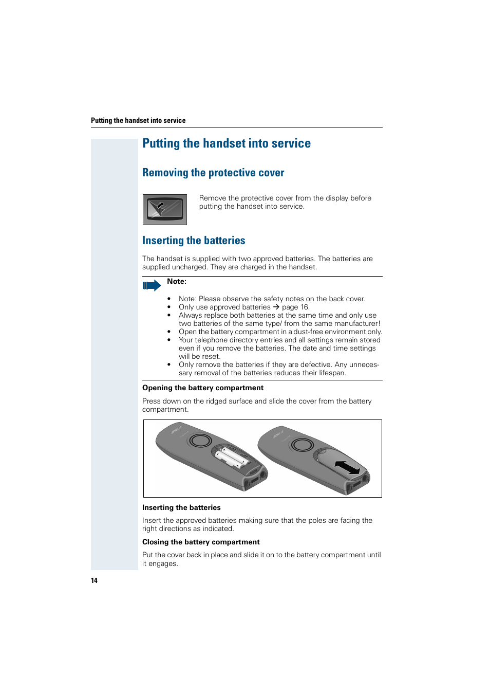 Putting the handset into service, Removing the protective cover, Inserting the batteries | Siemens HiPath 4000 User Manual | Page 22 / 109