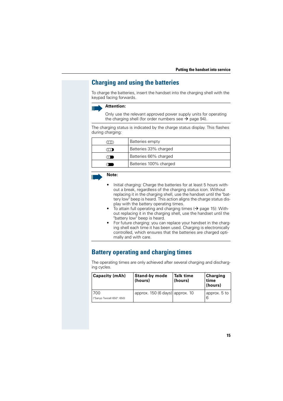 Charging and using the batteries, Battery operating and charging times | Siemens HiPath 4000 User Manual | Page 23 / 109