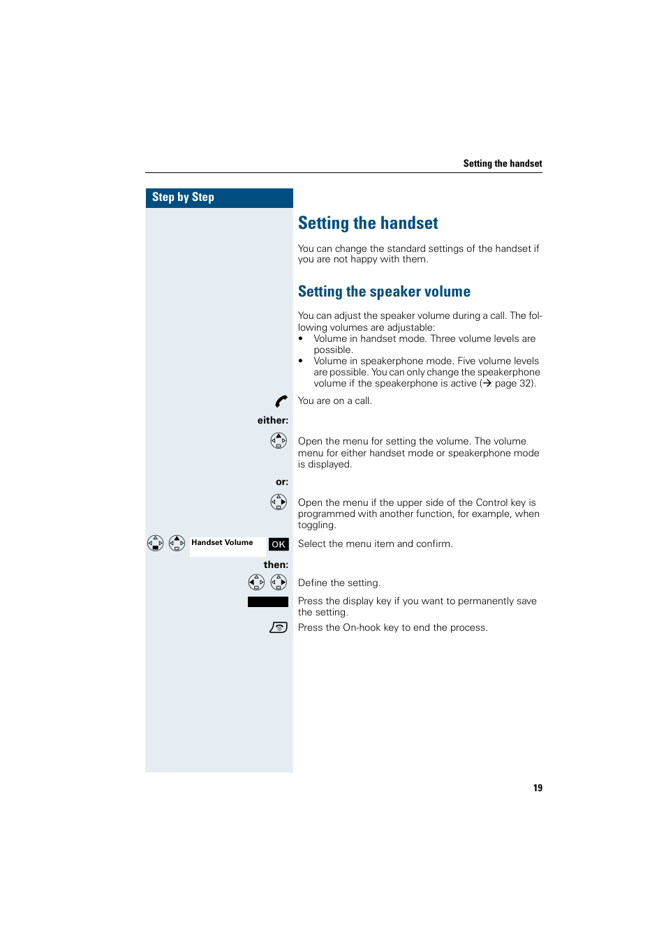 Setting the handset, Setting the speaker volume | Siemens HiPath 4000 User Manual | Page 27 / 109