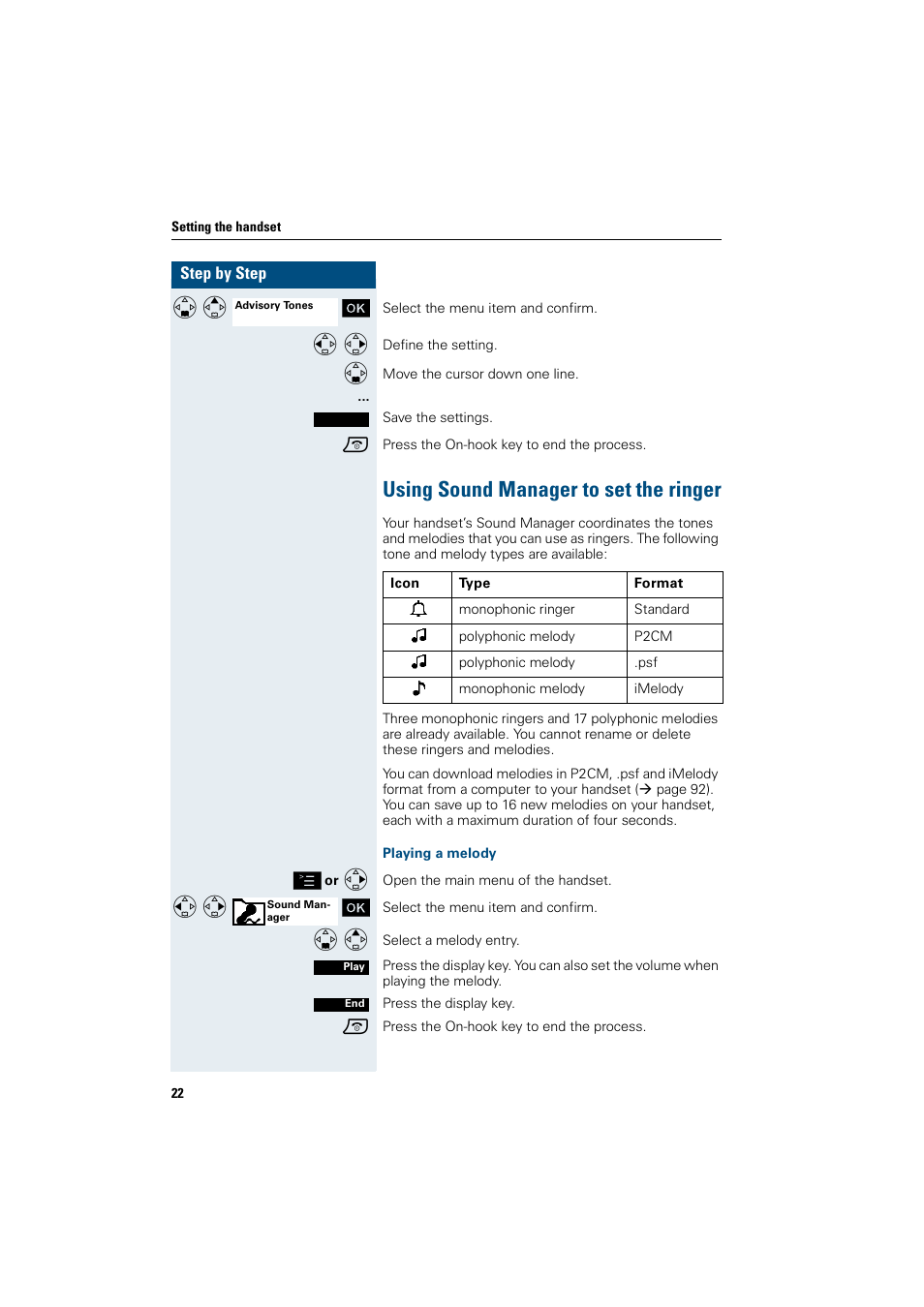 Using sound manager to set the ringer, Playing a melody | Siemens HiPath 4000 User Manual | Page 30 / 109