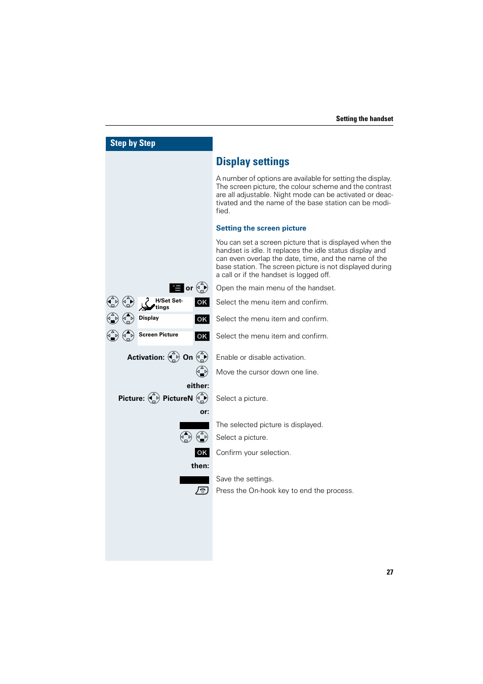 Display settings, Setting the screen picture | Siemens HiPath 4000 User Manual | Page 35 / 109