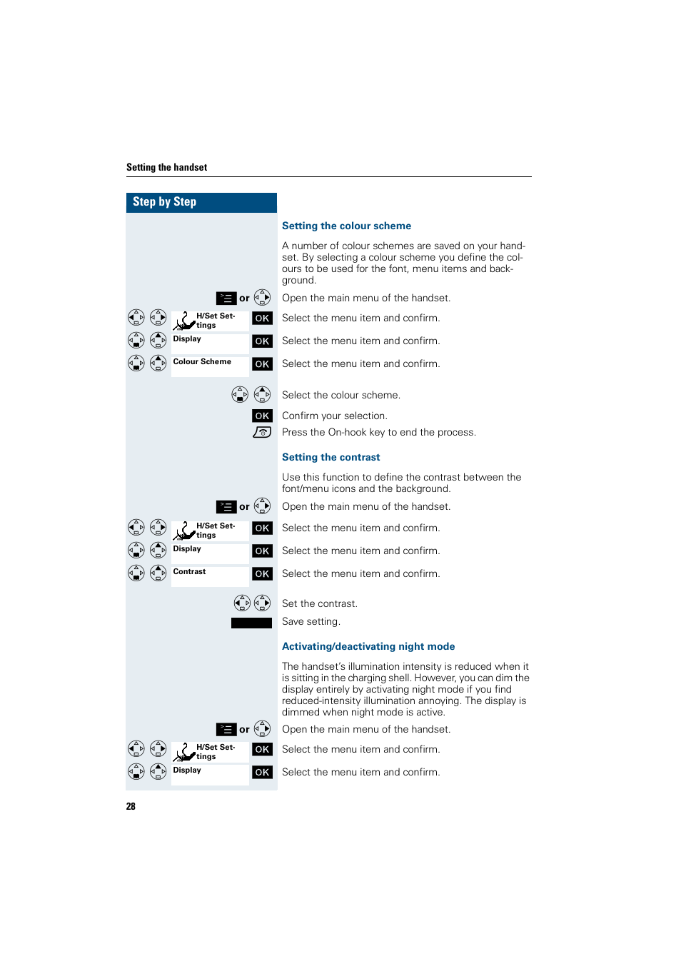 Setting the colour scheme, Setting the contrast, Activating/deactivating night mode | Siemens HiPath 4000 User Manual | Page 36 / 109