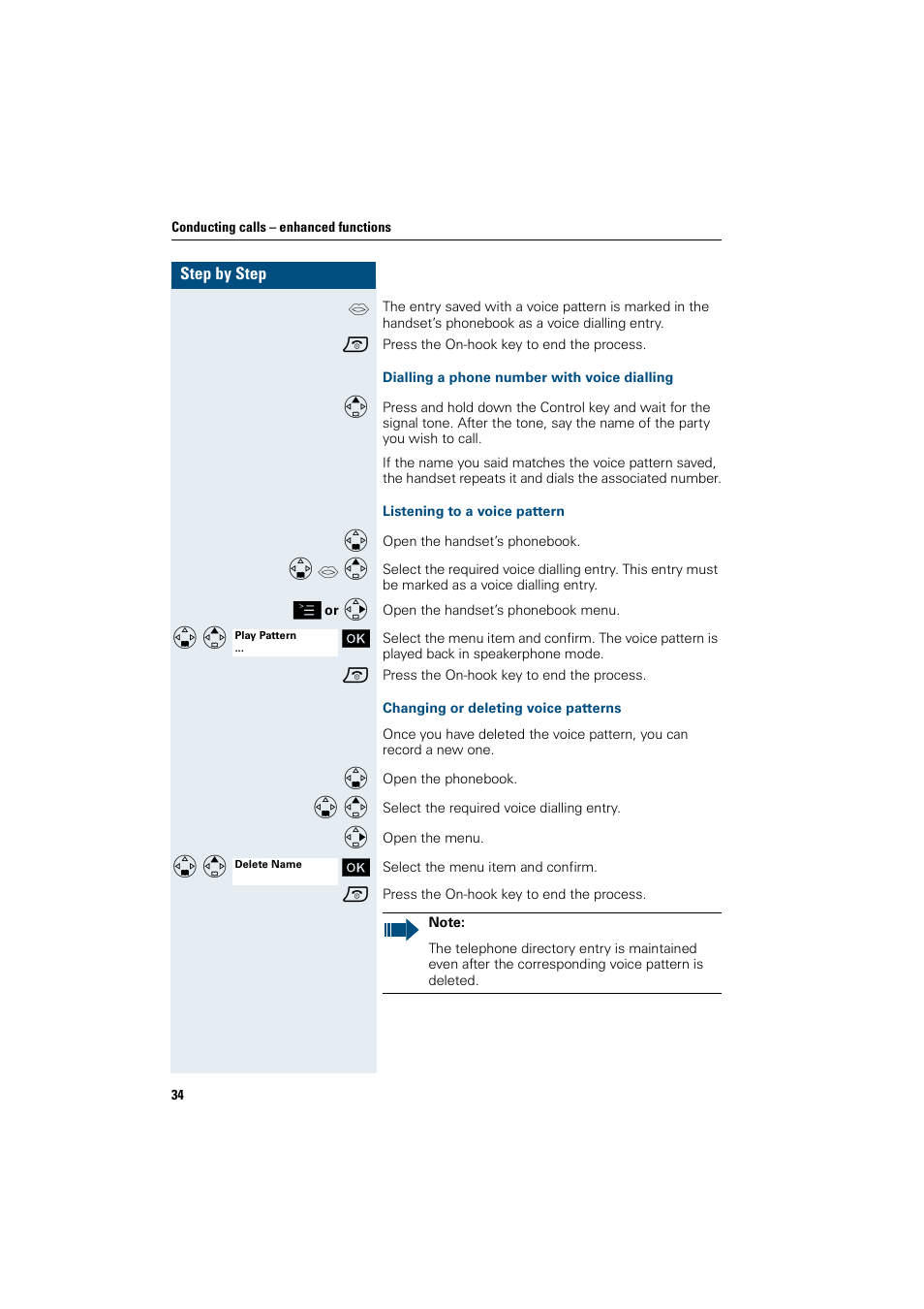 Dialling a phone number with voice dialling, Listening to a voice pattern, Changing or deleting voice patterns | Siemens HiPath 4000 User Manual | Page 42 / 109