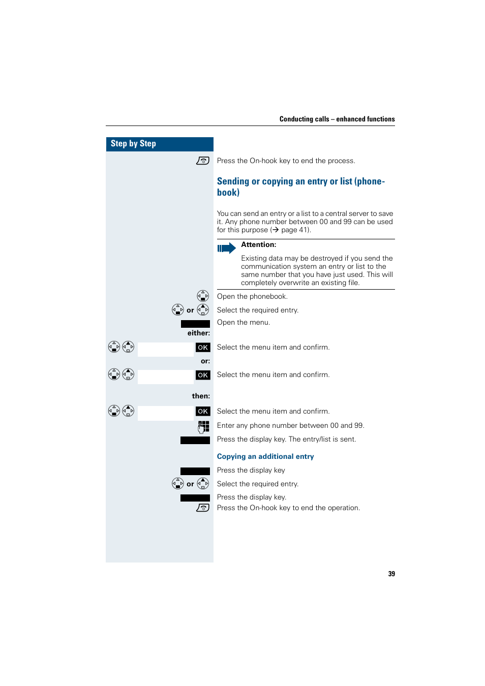 Sending or copying an entry or list (phonebook), Copying an additional entry, Sending or copying an entry or list (phone- book) | Siemens HiPath 4000 User Manual | Page 47 / 109