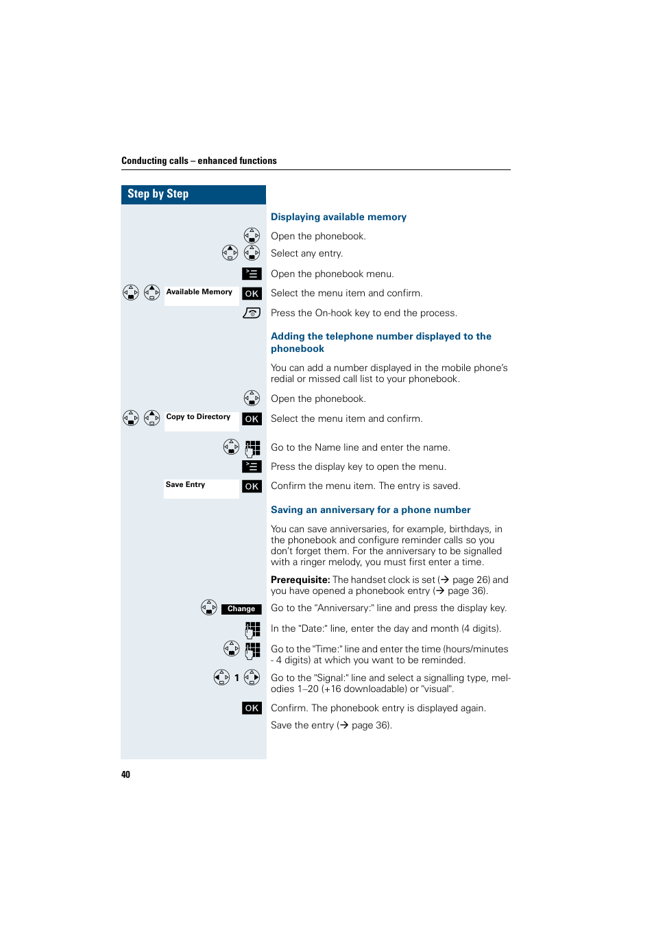 Displaying available memory, Saving an anniversary for a phone number | Siemens HiPath 4000 User Manual | Page 48 / 109