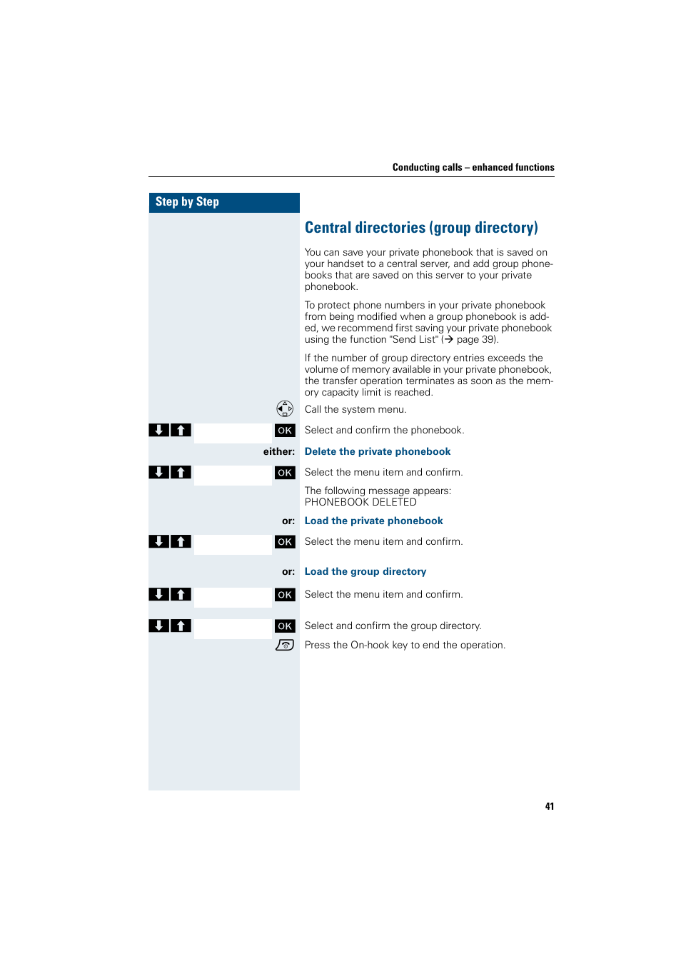 Central directories (group directory), Delete the private phonebook, Load the private phonebook | Load the group directory | Siemens HiPath 4000 User Manual | Page 49 / 109