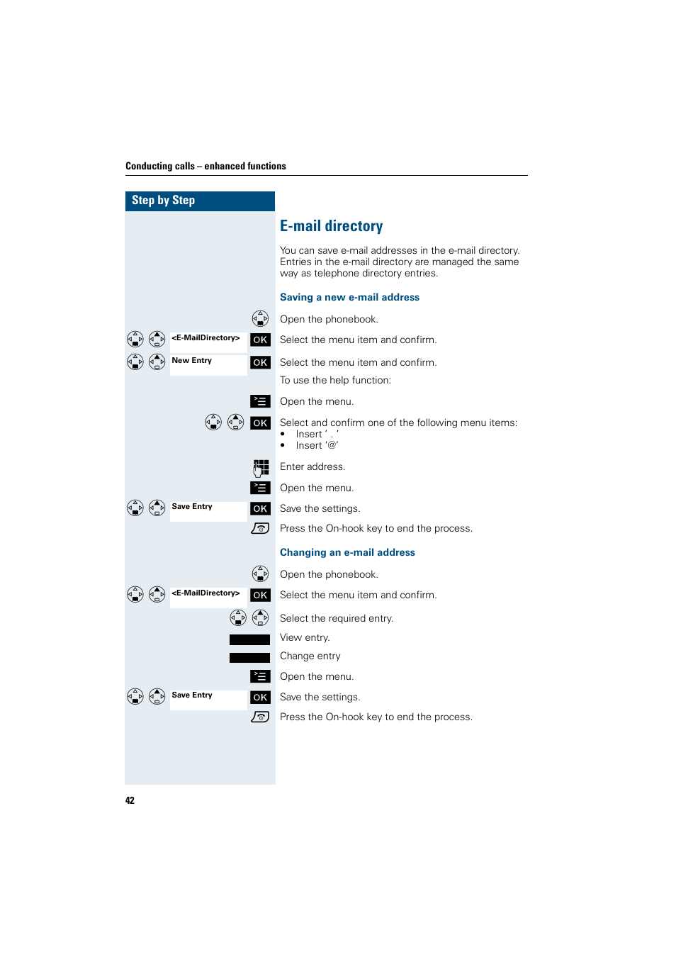 E-mail directory, Saving a new e-mail address, Changing an e-mail address | Siemens HiPath 4000 User Manual | Page 50 / 109