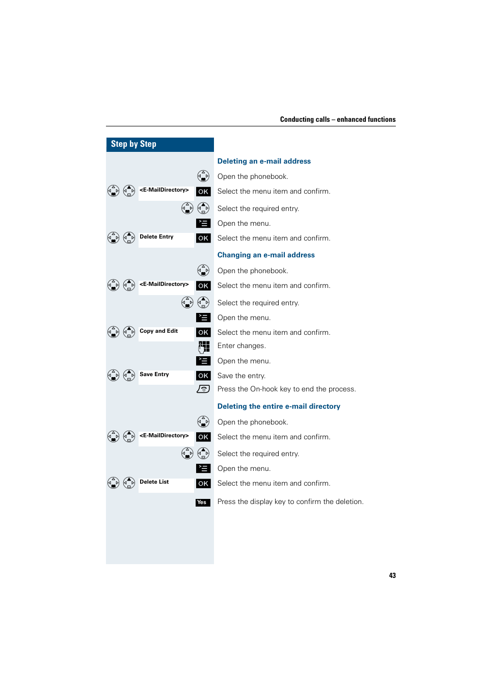 Deleting an e-mail address, Changing an e-mail address, Deleting the entire e-mail directory | Siemens HiPath 4000 User Manual | Page 51 / 109