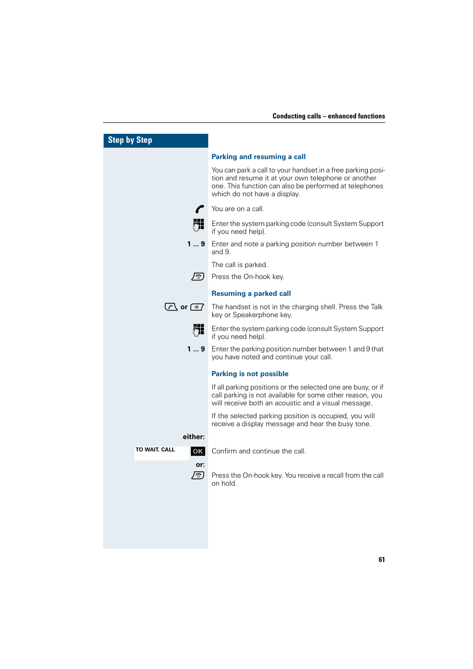 Parking and resuming a call, Resuming a parked call, Parking is not possible | Siemens HiPath 4000 User Manual | Page 69 / 109