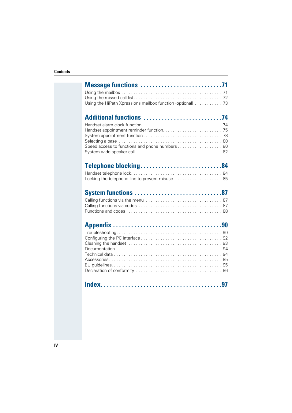 Message functions, Additional functions, Telephone blocking | System functions, Appendix, Index | Siemens HiPath 4000 User Manual | Page 7 / 109