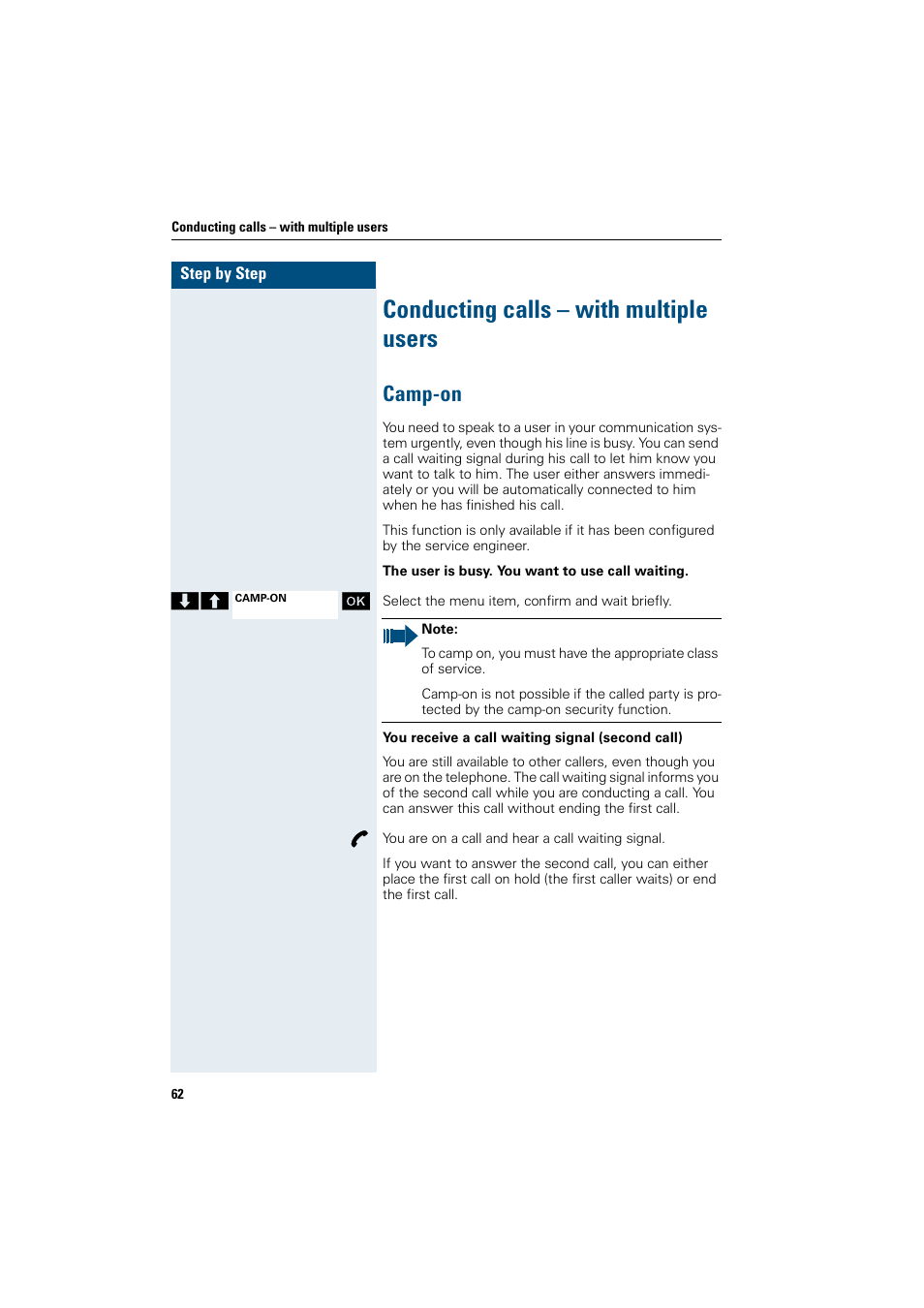 Conducting calls - with multiple users, Camp-on, Conducting calls – with multiple users | Siemens HiPath 4000 User Manual | Page 70 / 109