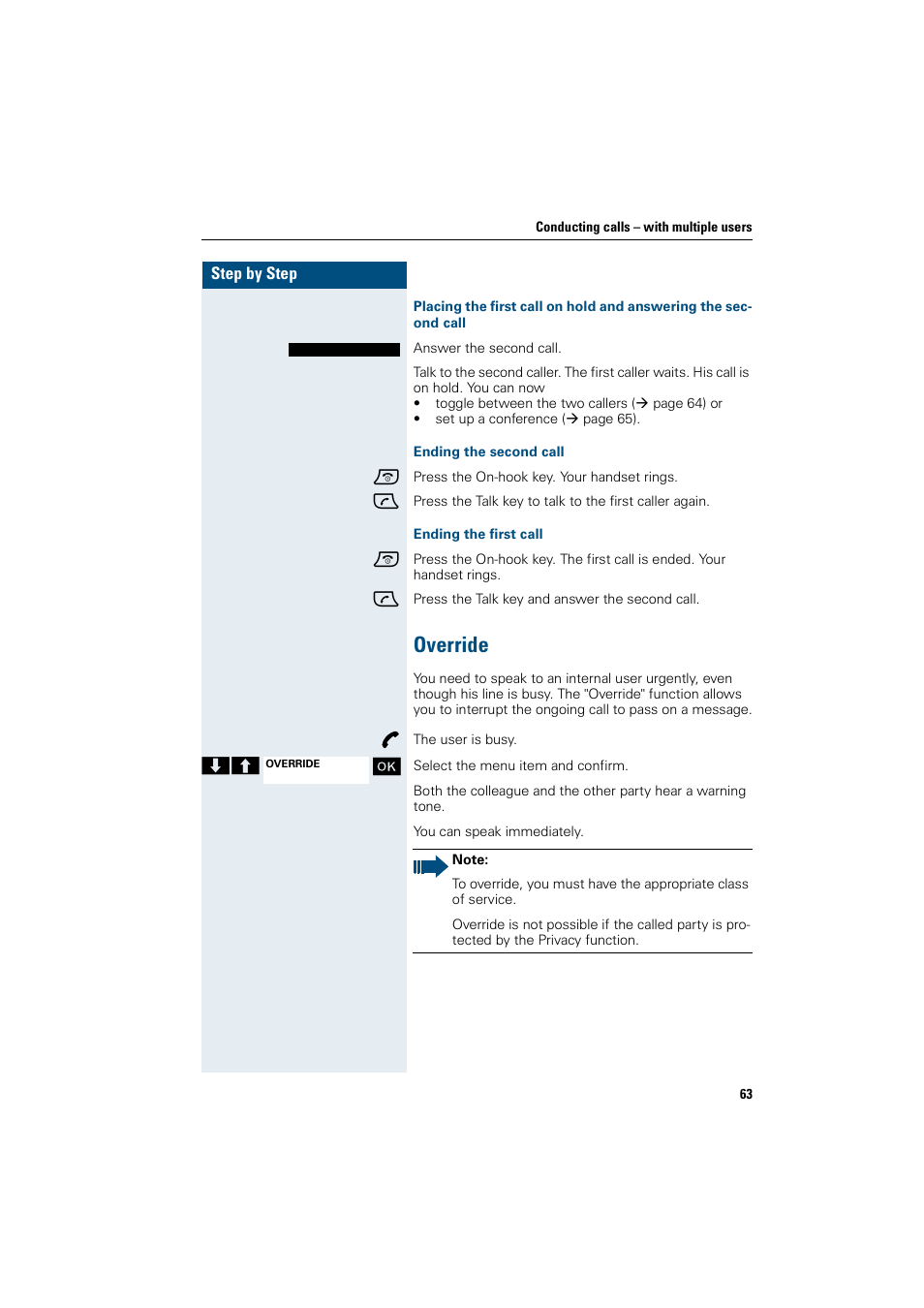Ending the second call, Ending the first call, Override | Siemens HiPath 4000 User Manual | Page 71 / 109
