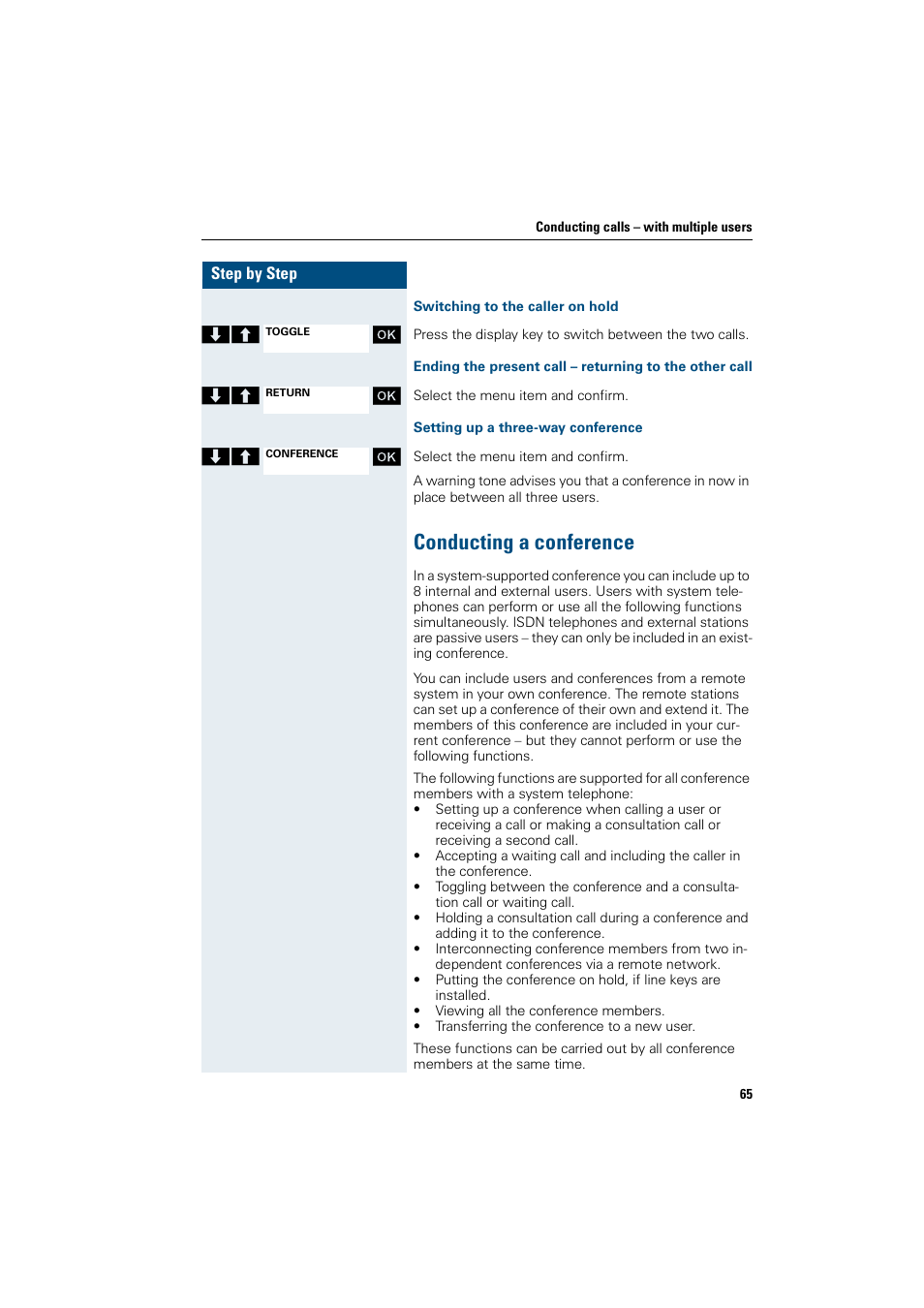 Switching to the caller on hold, Setting up a three-way conference, Conducting a conference | Siemens HiPath 4000 User Manual | Page 73 / 109