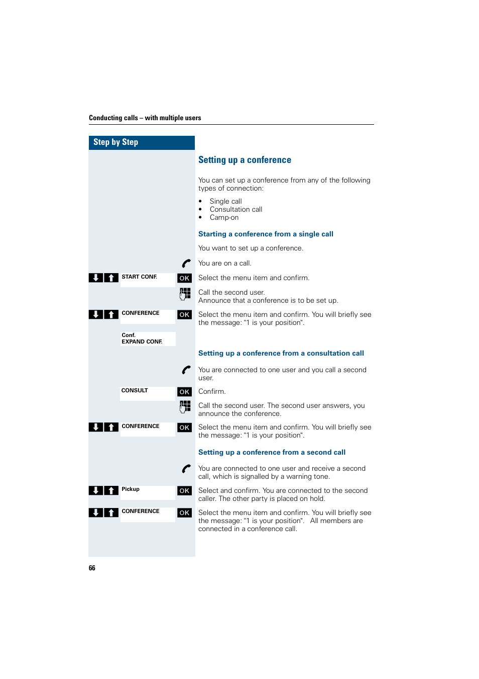 Setting up a conference, Starting a conference from a single call, Setting up a conference from a consultation call | Setting up a conference from a second call | Siemens HiPath 4000 User Manual | Page 74 / 109