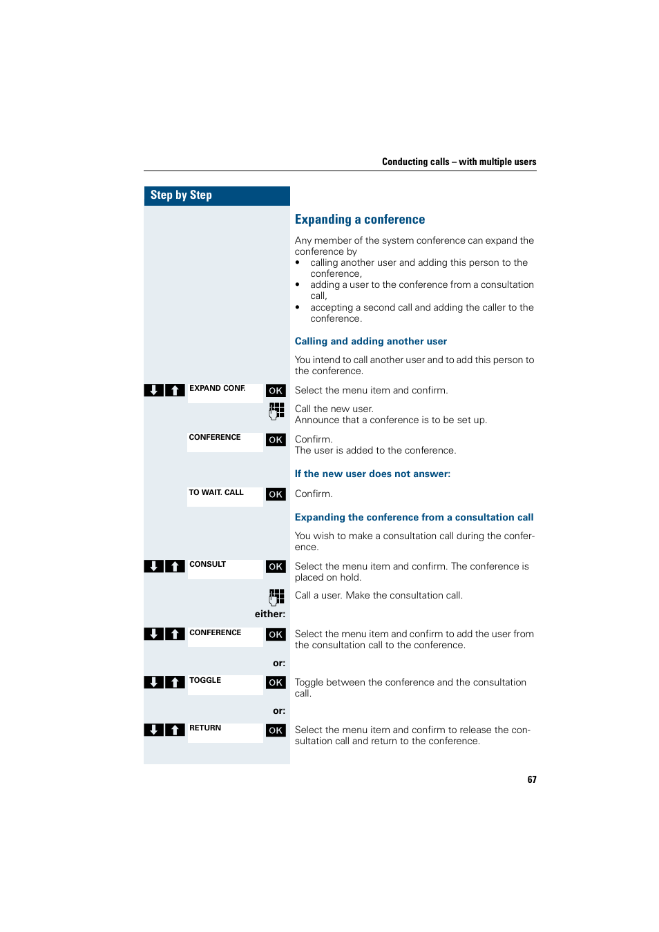 Expanding a conference, Calling and adding another user, If the new user does not answer | Expanding the conference from a consultation call | Siemens HiPath 4000 User Manual | Page 75 / 109