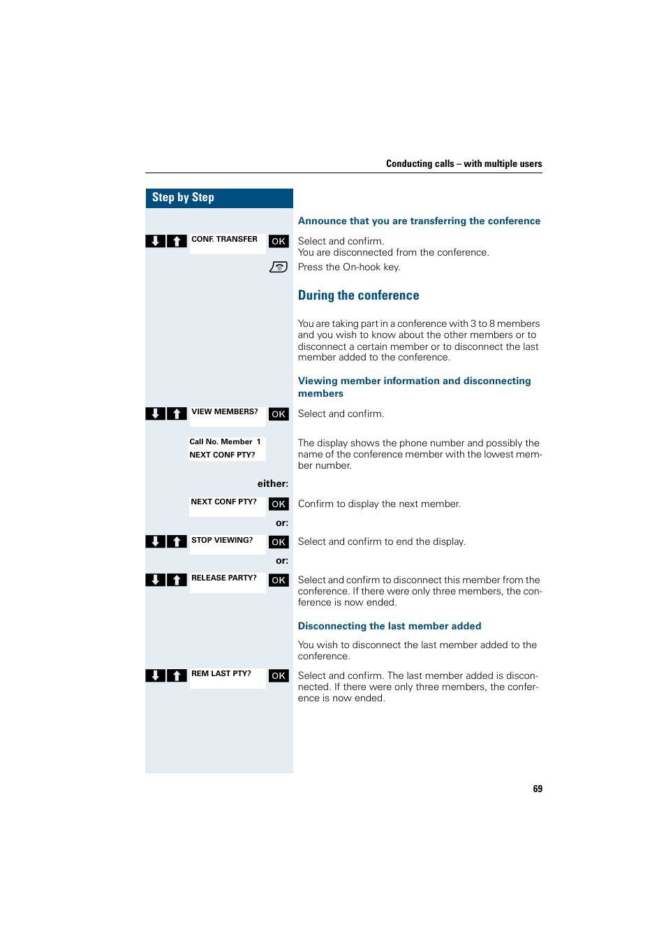 Announce that you are transferring the conference, During the conference, Disconnecting the last member added | Siemens HiPath 4000 User Manual | Page 77 / 109