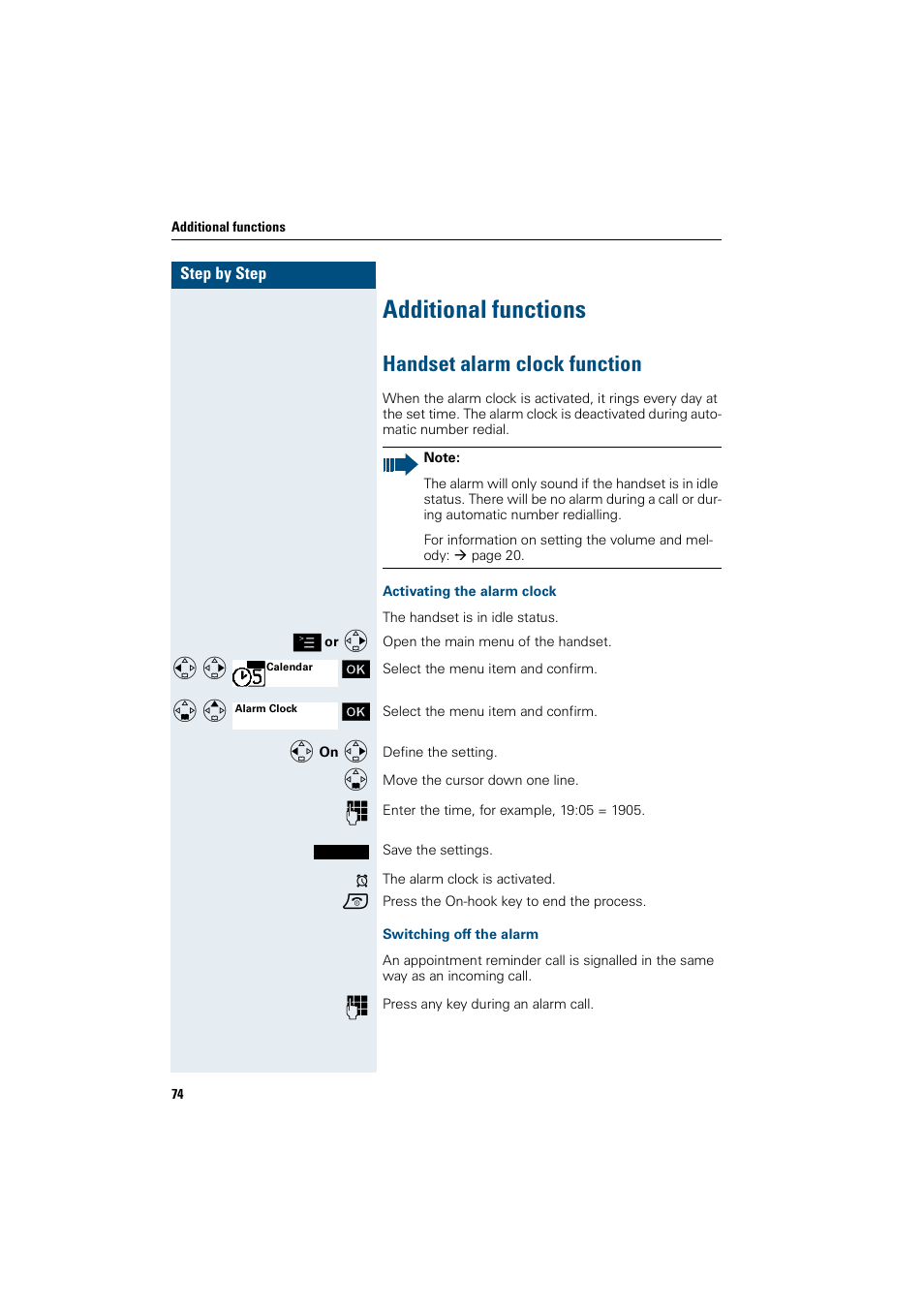 Additional functions, Handset alarm clock function, Activating the alarm clock | Switching off the alarm | Siemens HiPath 4000 User Manual | Page 82 / 109