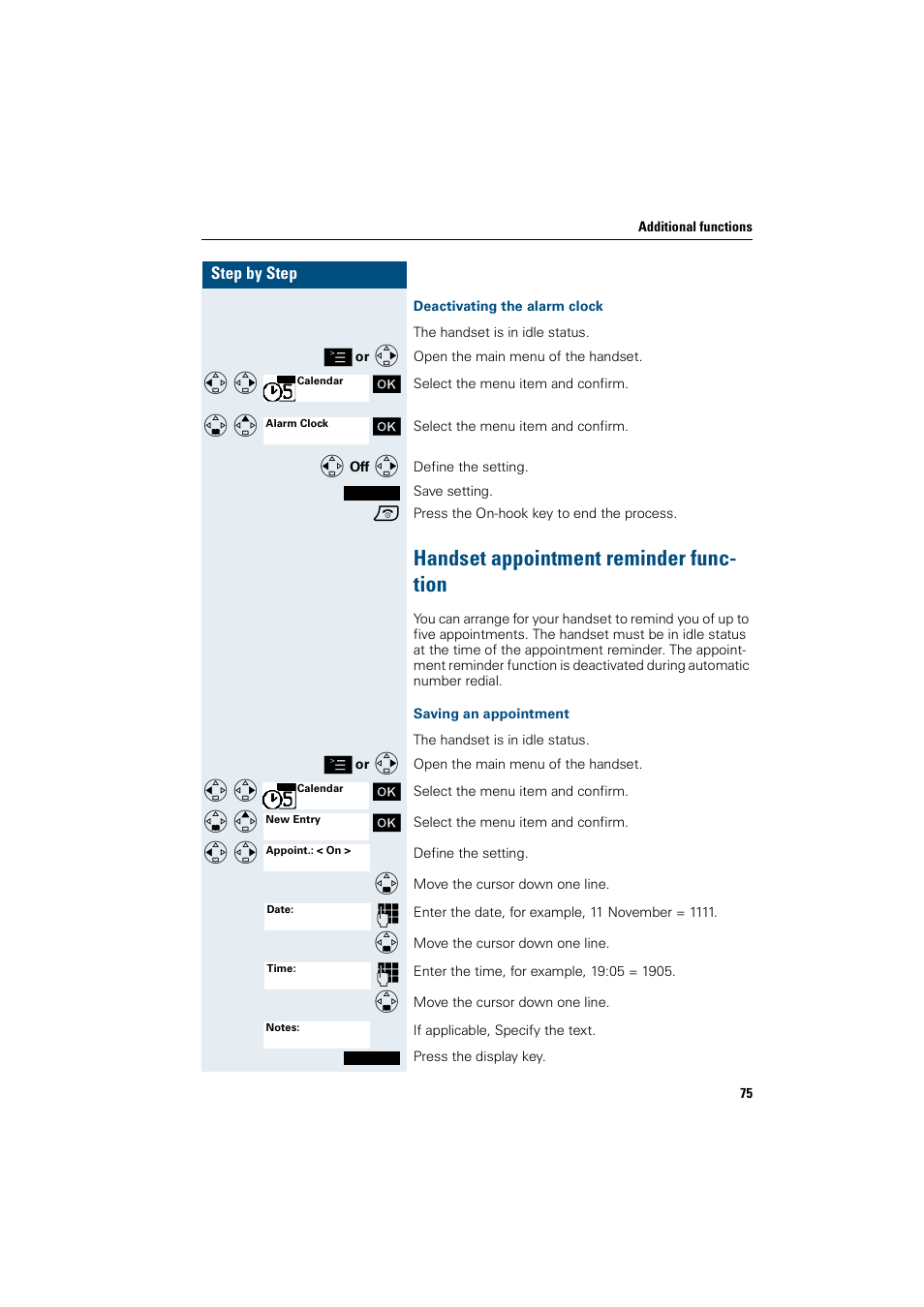 Deactivating the alarm clock, Handset appointment reminder function, Saving an appointment | Handset appointment reminder func- tion | Siemens HiPath 4000 User Manual | Page 83 / 109