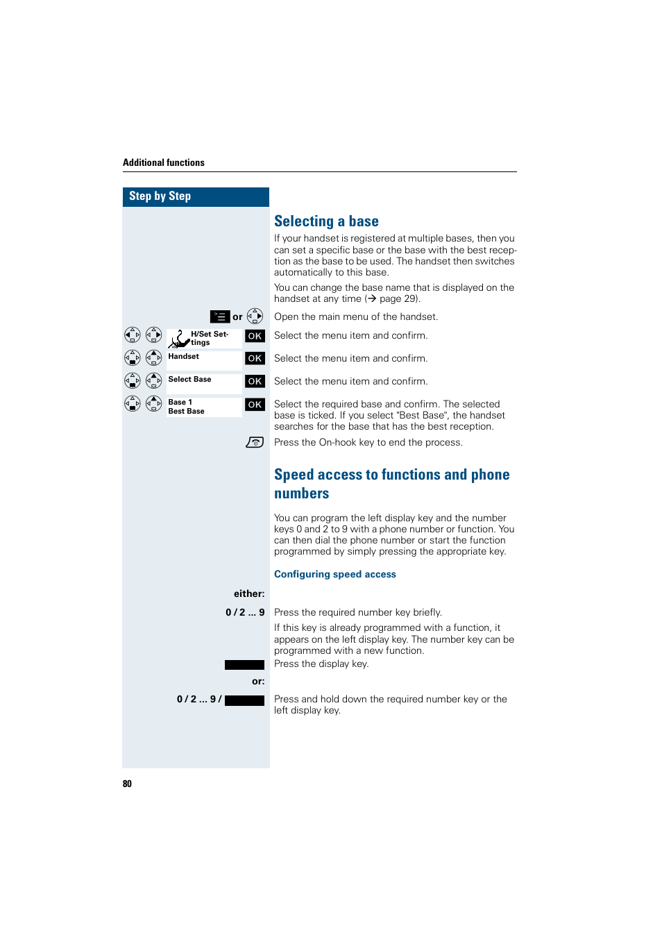 Selecting a base, Speed access to functions and phone numbers, Configuring speed access | Siemens HiPath 4000 User Manual | Page 88 / 109