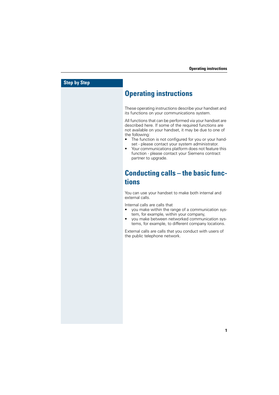 Operating instructions, Conducting calls - the basic functions, Conducting calls – the basic functions | Conducting calls – the basic func- tions | Siemens HiPath 4000 User Manual | Page 9 / 109