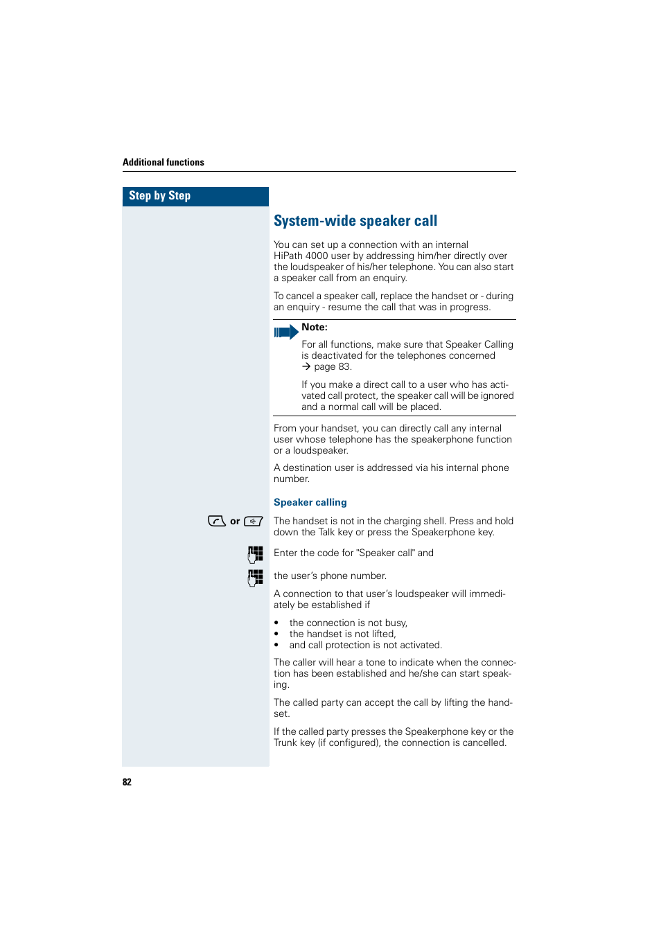 System-wide speaker call, Speaker calling | Siemens HiPath 4000 User Manual | Page 90 / 109