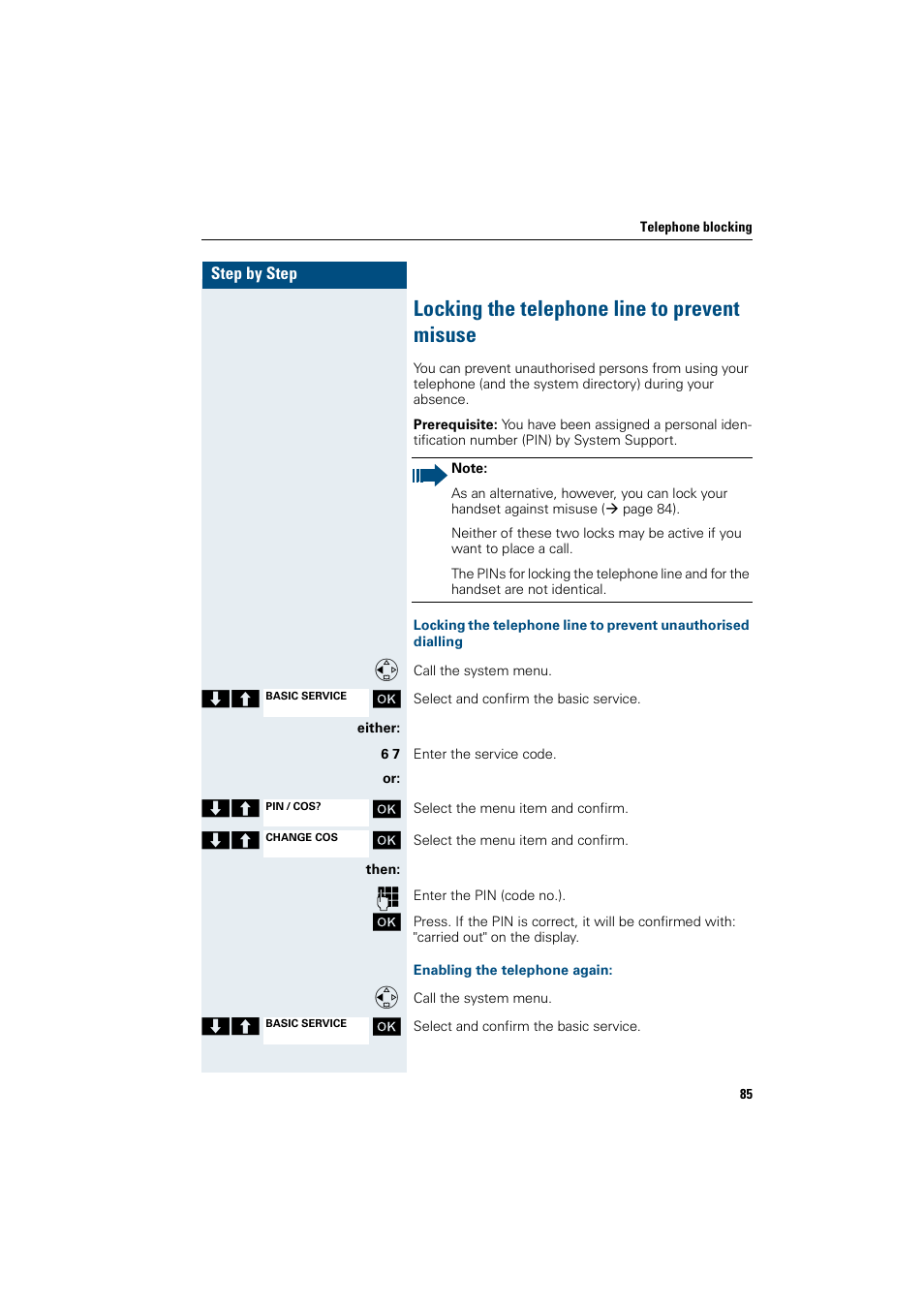 Locking the telephone line to prevent misuse, Enabling the telephone again | Siemens HiPath 4000 User Manual | Page 93 / 109